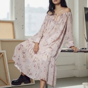 H&M Pink Floral Long Chiffon Dress size small 3/4 Sleeve Ruffle Tie Neck Maxi